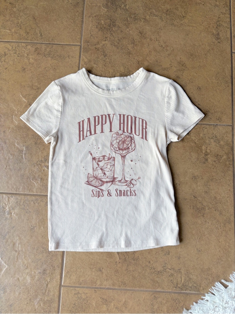 American Eagle Outfitters Cream Tee with 'Happy Hour' Graphic • Size M